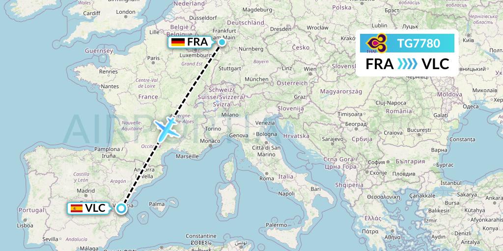 TG7780 Thai Airways Flight Map: Frankfurt to Valencia