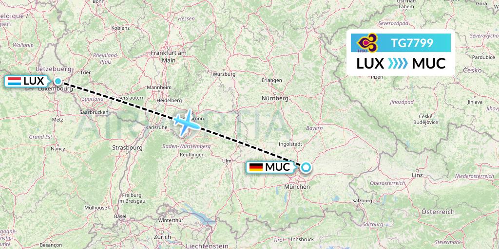 TG7799 Thai Airways Flight Map: Luxembourg to Munich