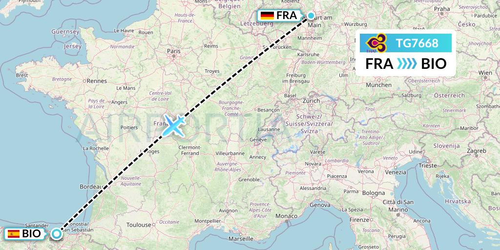 TG7668 Thai Airways Flight Map: Frankfurt to Bilbao