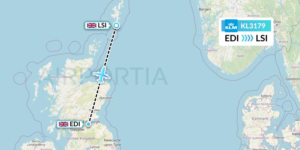 KL3179 KLM Flight Map: Edinburgh to Sumburgh