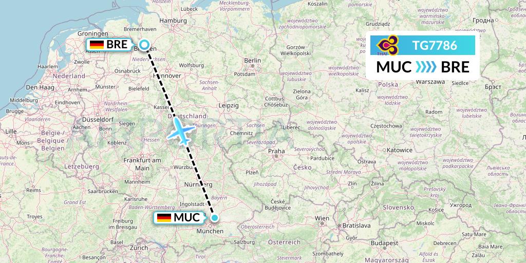 TG7786 Thai Airways Flight Map: Munich to Bremen