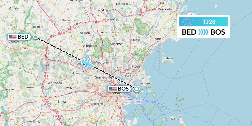 TJ28 Tradewind Aviation Flight Map: Bedford to Boston