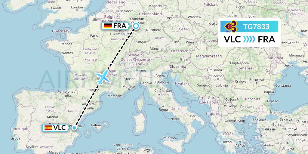 TG7833 Thai Airways Flight Map: Valencia to Frankfurt