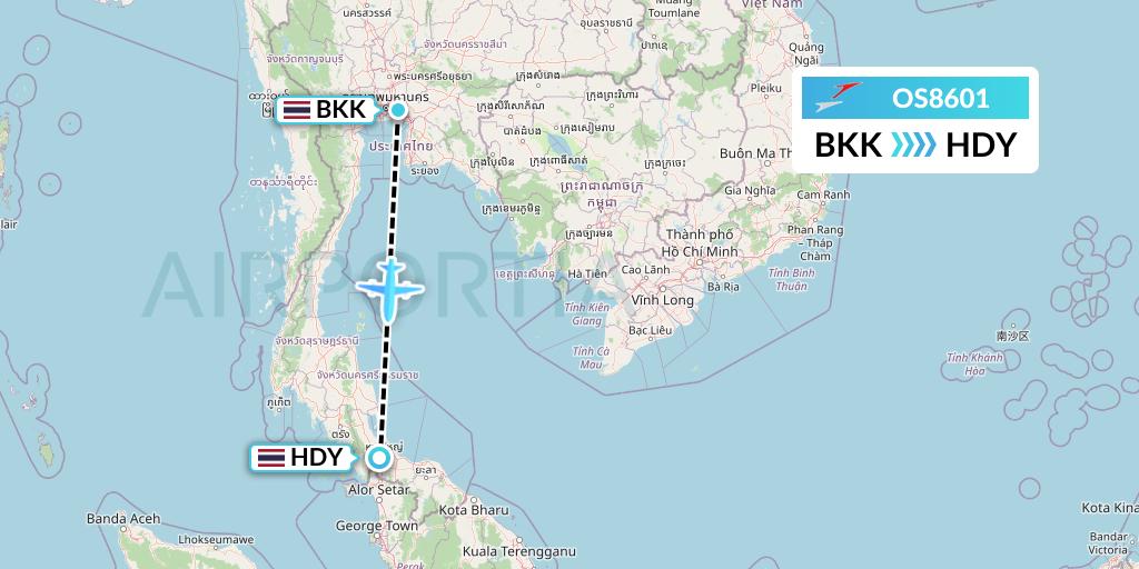 OS8601 Austrian Airlines Flight Map: Bangkok to Hat Yai