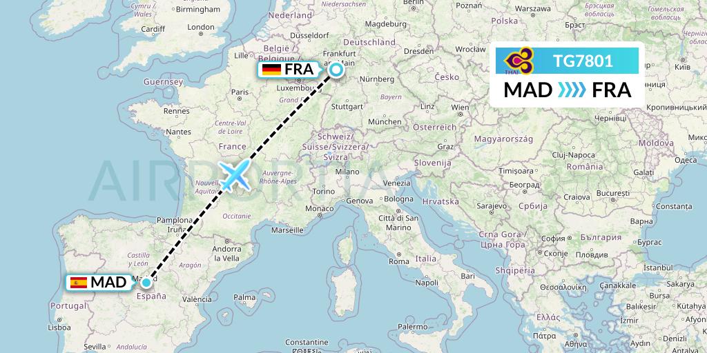 TG7801 Thai Airways Flight Map: Madrid to Frankfurt