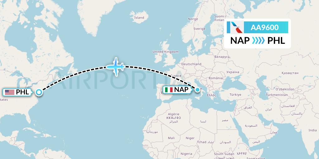 AA9600 American Airlines Flight Map: Naples to Philadelphia