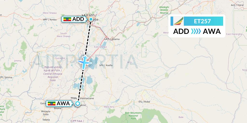 ET257 Ethiopian Airlines Flight Map: Addis Ababa to Awassa