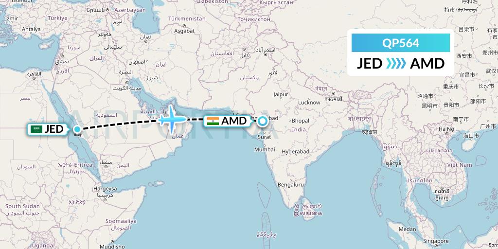 QP564 Akasa Air Flight Map: Jeddah to Ahmedabad