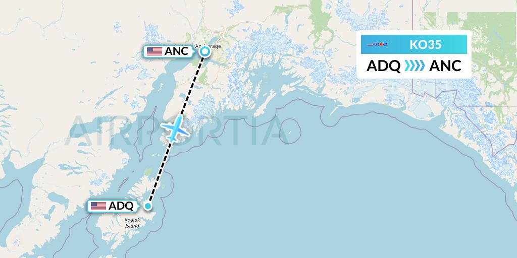 KO35 Komiaviatrans Flight Map: Kodiak to Anchorage