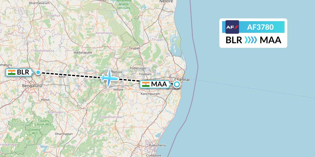 AF3780 Air France Flight Map: Bangalore to Chennai