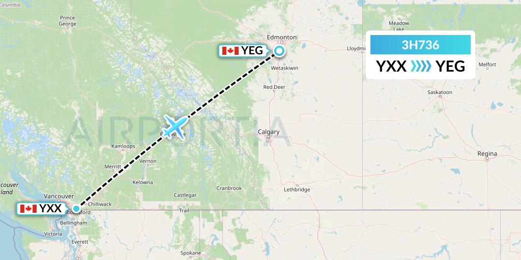 3H736 Air Inuit Flight Map: Abbotsford to Edmonton