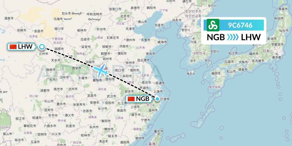 9C6746 Spring Airlines Flight Map: Ningbo to Lanzhou