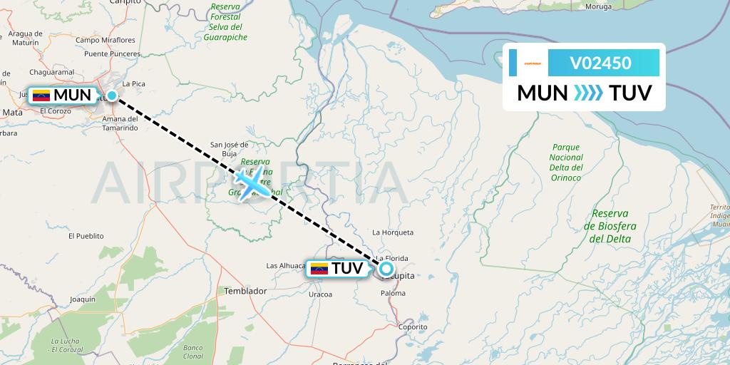 V02450 Conviasa Flight Map: Maturin to Tucupita