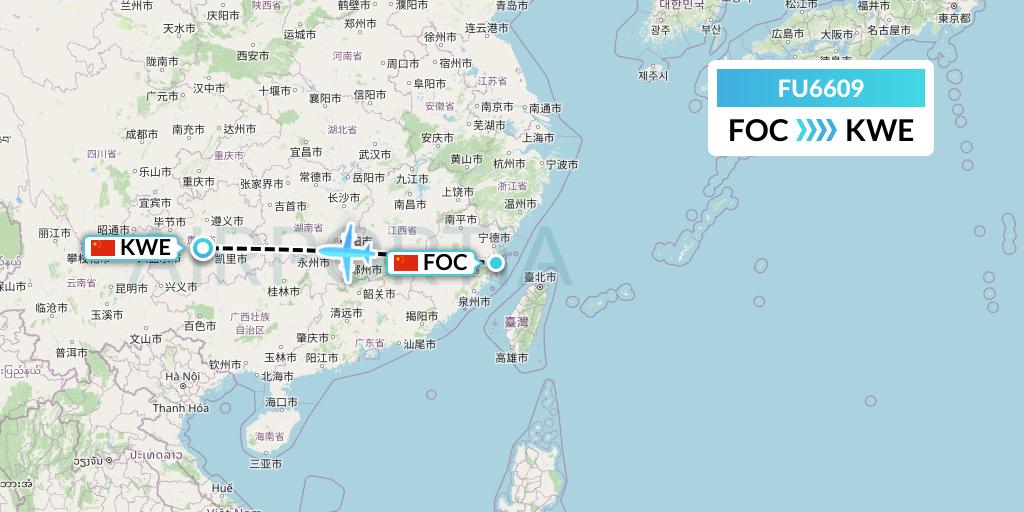 FU6609 Fuzhou Airlines Flight Map: Fuzhou to Guiyang