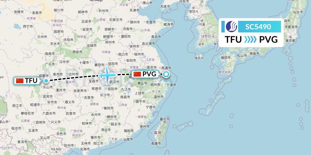 SC5490 Shandong Airlines Flight Map: Chengdu to Shanghai