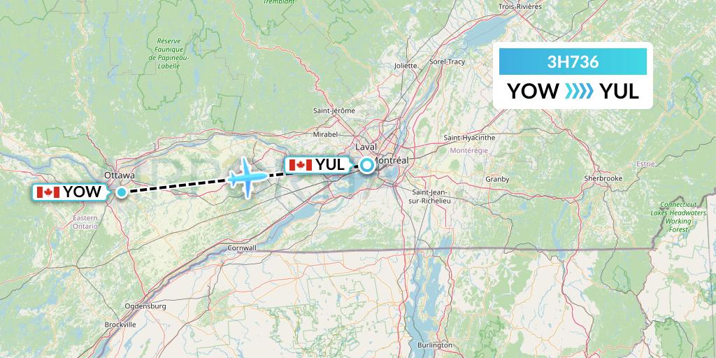 3H736 Air Inuit Flight Map: Ottawa to Montreal
