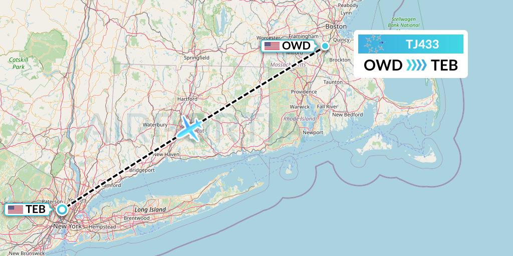 TJ433 Tradewind Aviation Flight Map: Norwood to Teterboro