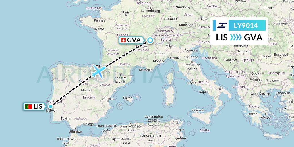 LY9014 El Al Flight Map: Lisbon to Geneva