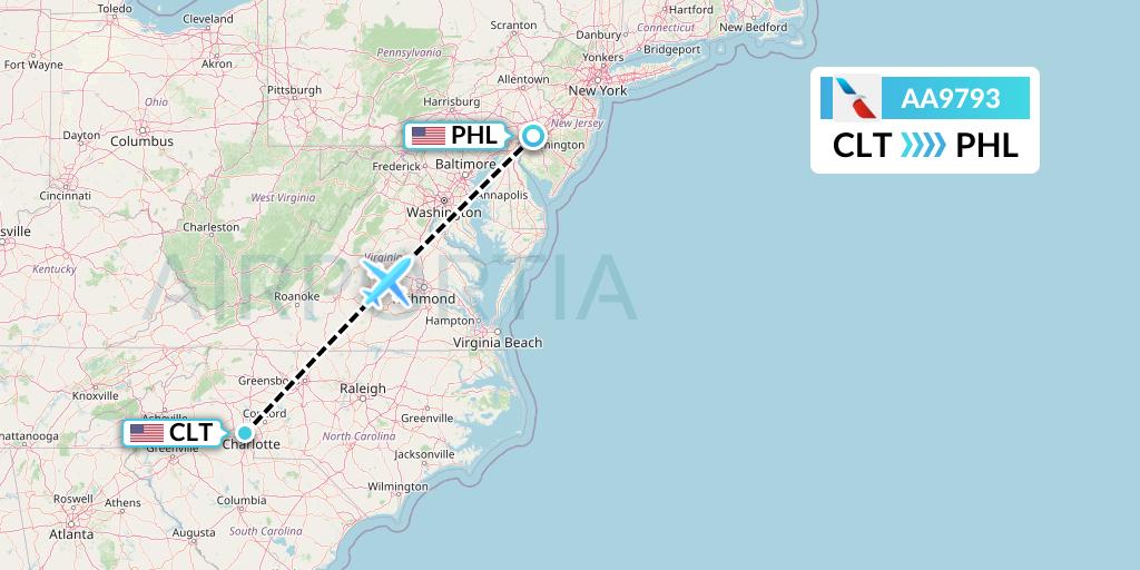 AA9793 American Airlines Flight Map: Charlotte to Philadelphia