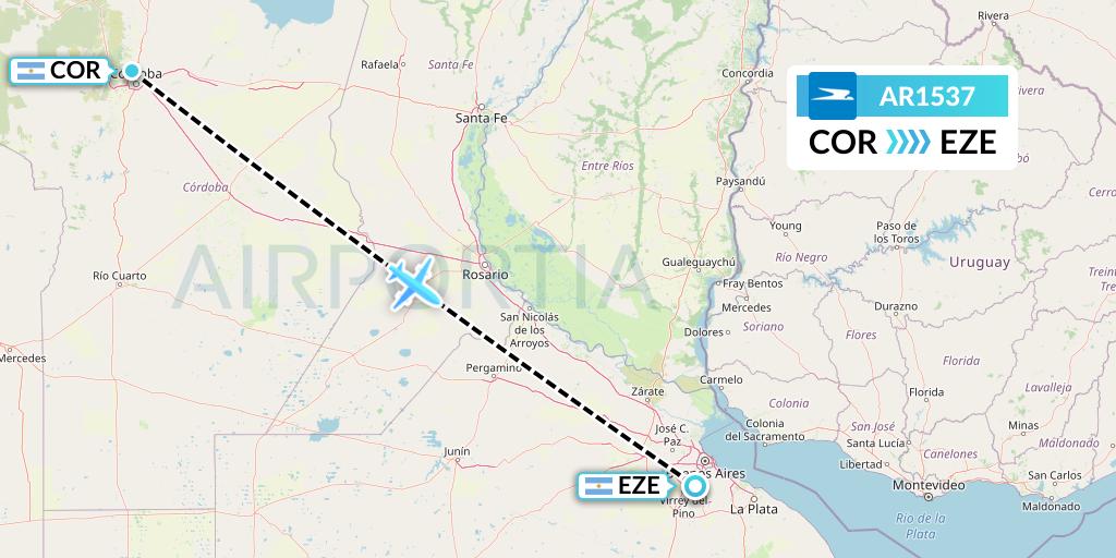 AR1537 Aerolineas Argentinas Flight Map: Cordoba to Buenos Aires