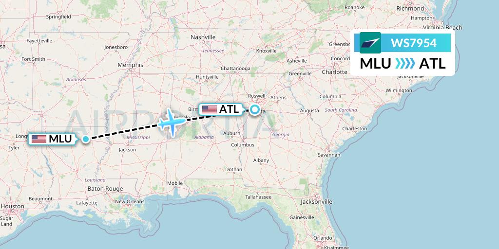 WS7954 WestJet Flight Map: Monroe to Atlanta
