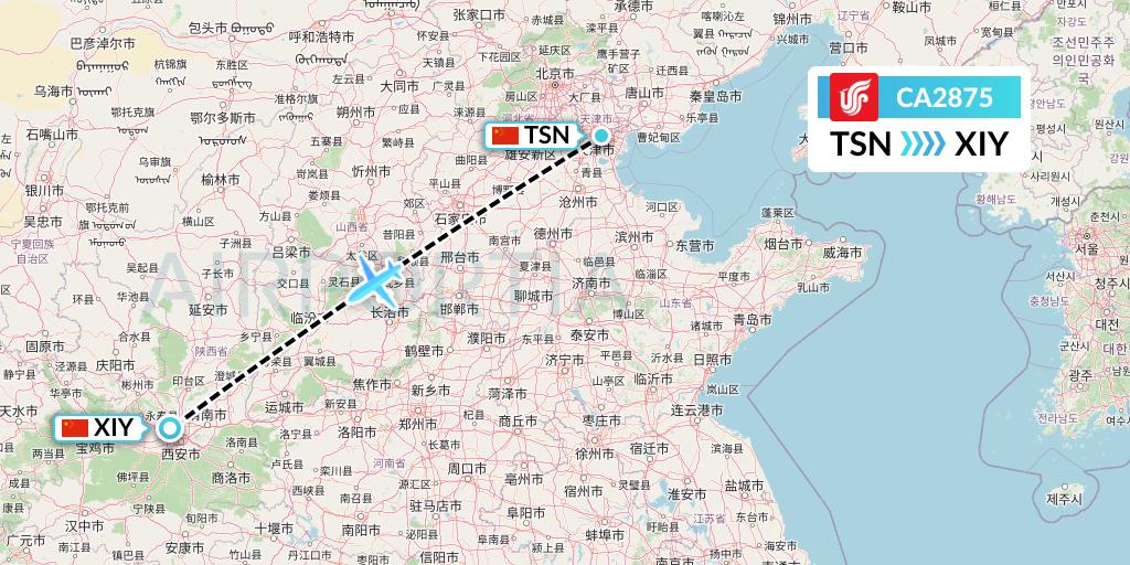 CA2875 Air China Flight Map: Tianjin to Xi'an