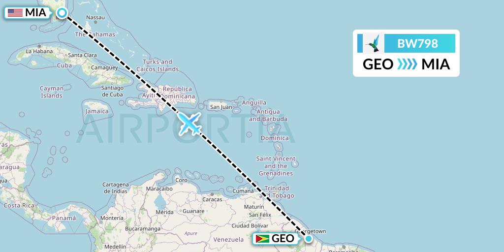 BW798 Caribbean Airlines Flight Map: Georgetown to Miami