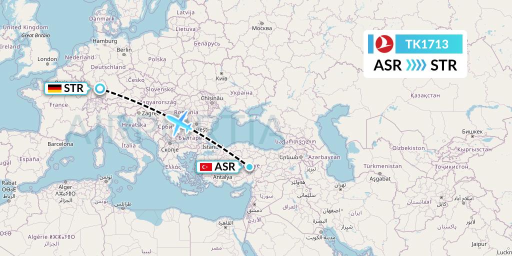 TK1713 Turkish Airlines Flight Map: Kayseri to Stuttgart