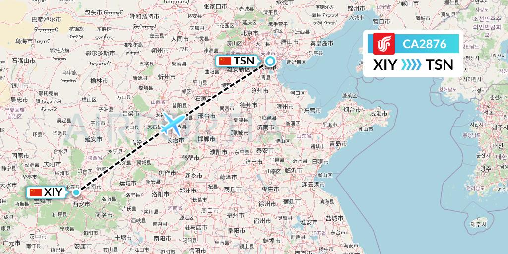CA2876 Air China Flight Map: Xi'an to Tianjin
