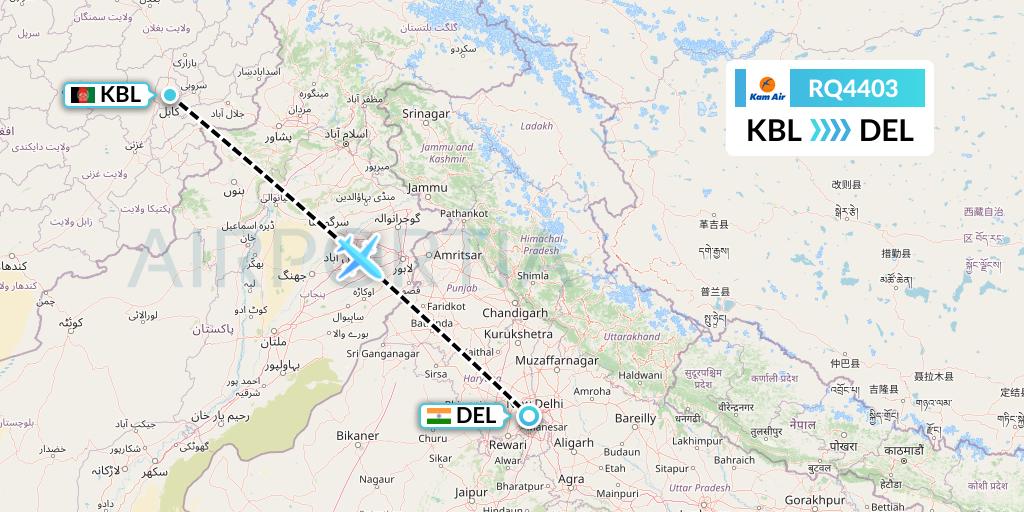 RQ4403 Kam Air Flight Map: Kabul to Delhi