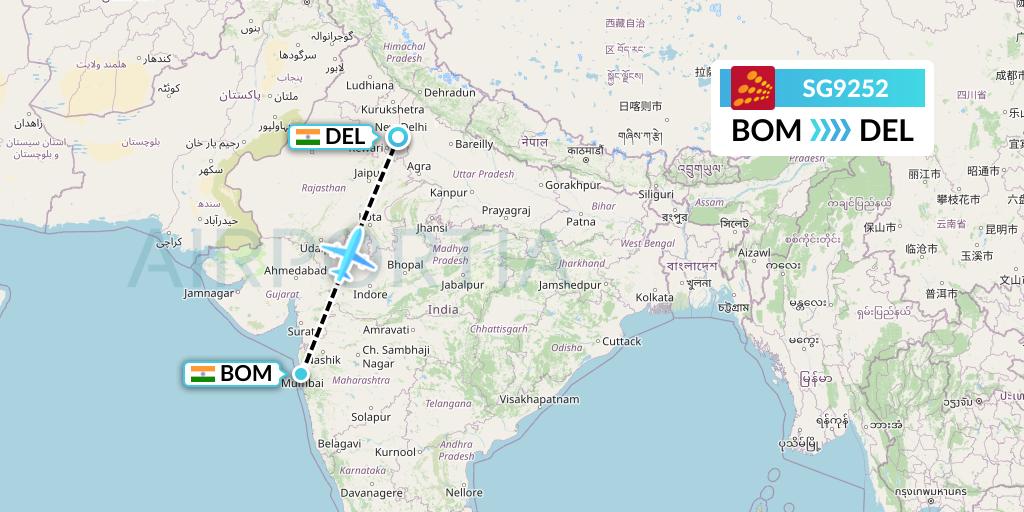 SG9252 SpiceJet Flight Map: Mumbai to Delhi