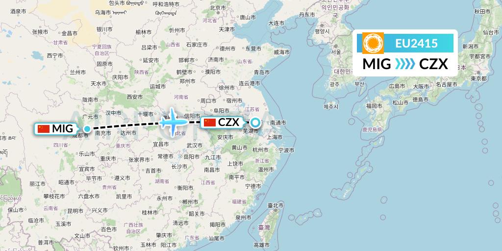 EU2415 Chengdu Airlines Flight Map: Mianyang to Changzhou