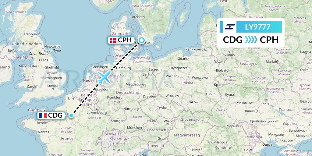 LY9777 El Al Flight Map: Paris to Copenhagen