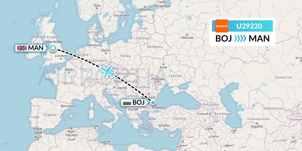 U29220 EasyJet Flight Map: Burgas to Manchester