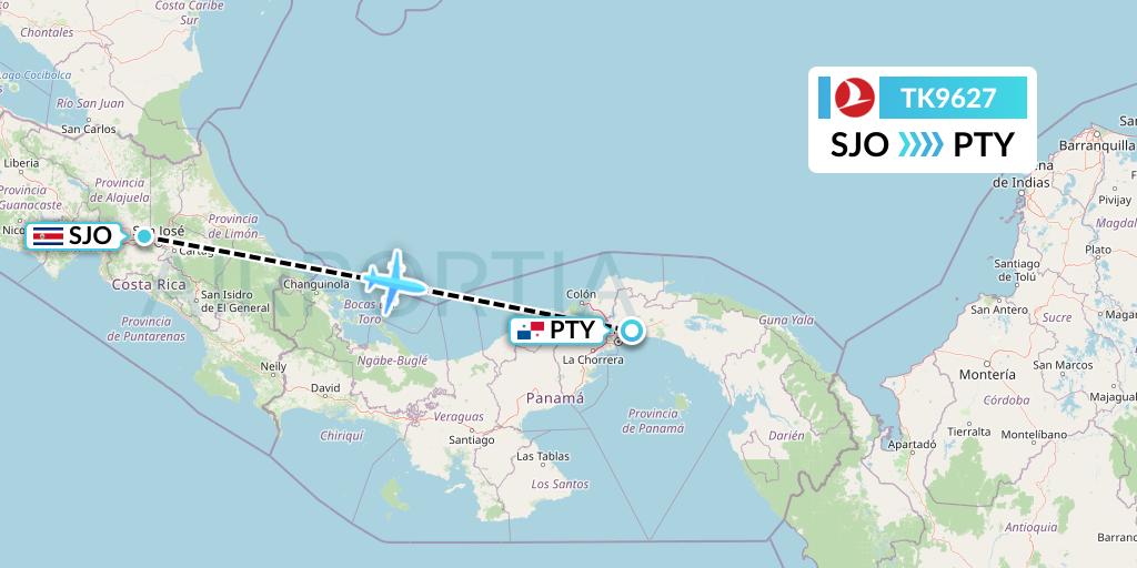 TK9627 Turkish Airlines Flight Map: San Jose to Panama City