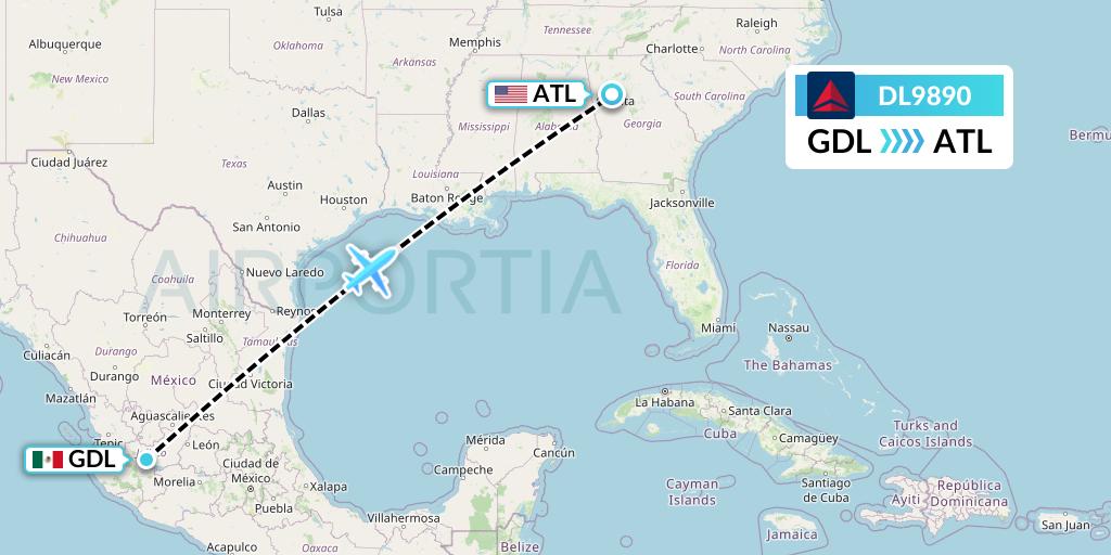 DL9890 Delta Air Lines Flight Map: Guadalajara to Atlanta
