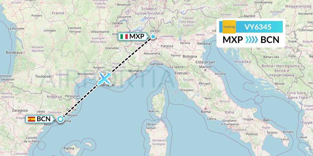 VY6345 Vueling Flight Map: Milan to Barcelona