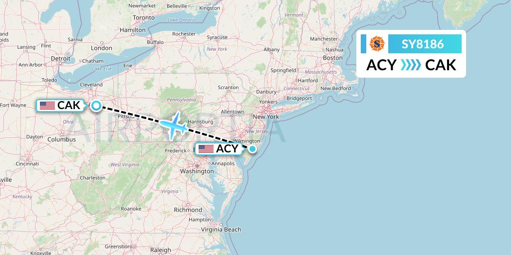 SY8186 Sun Country Airlines Flight Map: Atlantic City to Akron