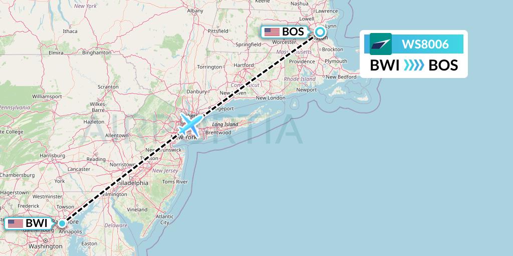 WS8006 WestJet Flight Map: Baltimore to Boston