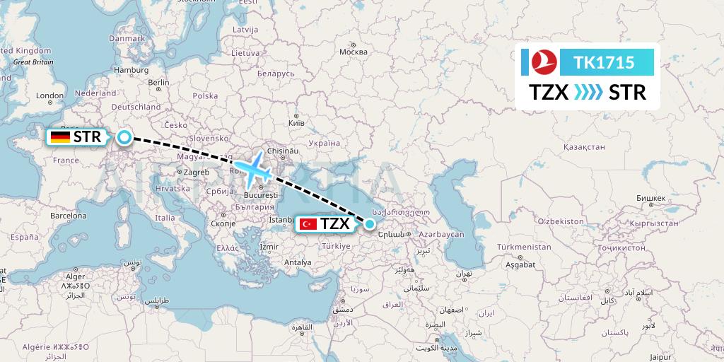 TK1715 Turkish Airlines Flight Map: Trabzon to Stuttgart