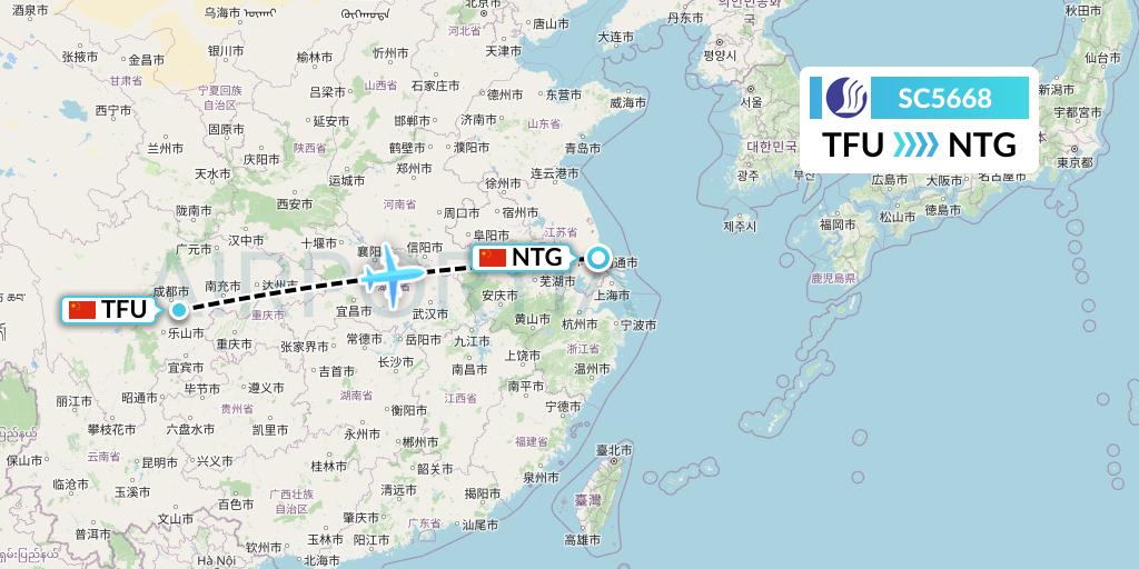 SC5668 Shandong Airlines Flight Map: Chengdu to Nantong