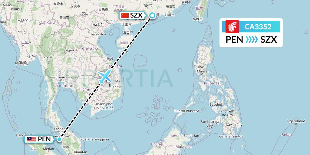 CA3352 Air China Flight Map: Penang to Shenzhen
