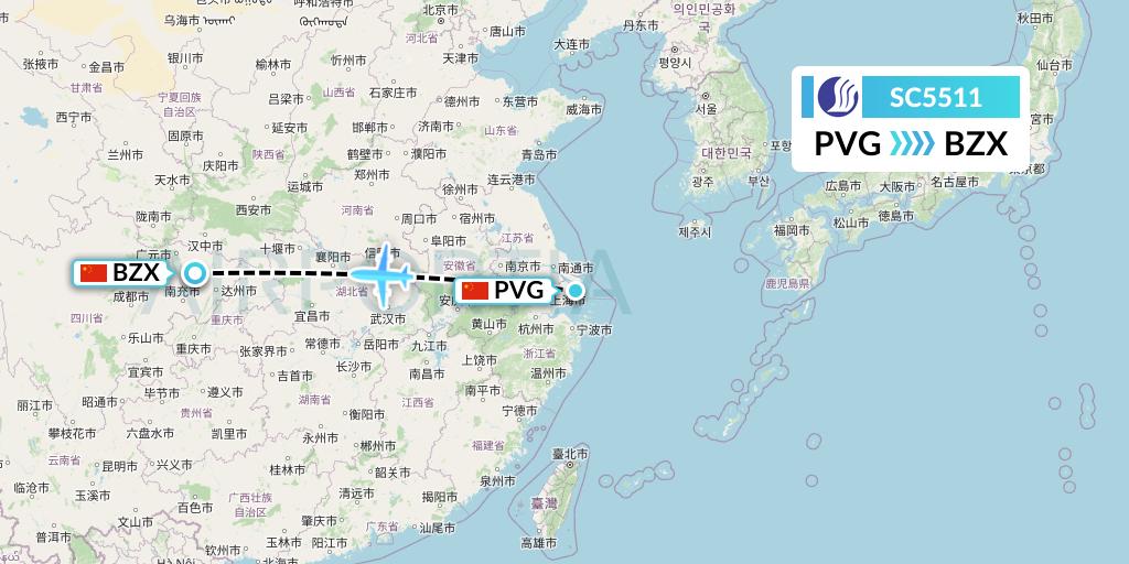 SC5511 Shandong Airlines Flight Map: Shanghai to Guangyuan