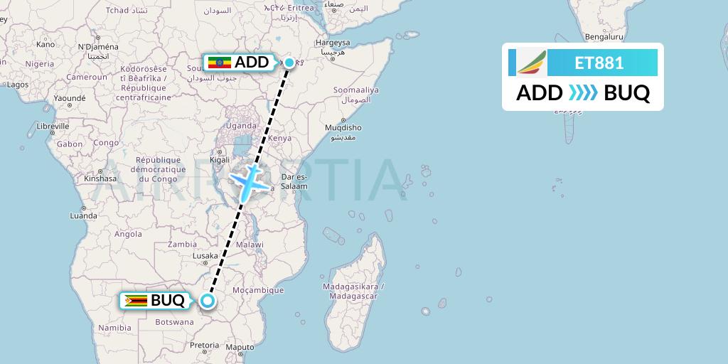 ET881 Ethiopian Airlines Flight Map: Addis Ababa to Bulawayo