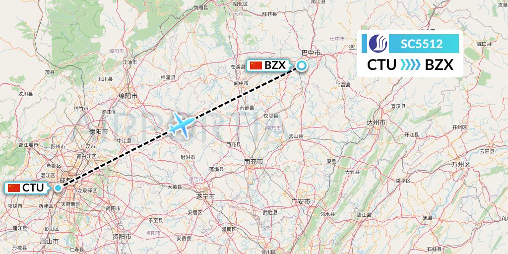 SC5512 Shandong Airlines Flight Map: Chengdu to Guangyuan