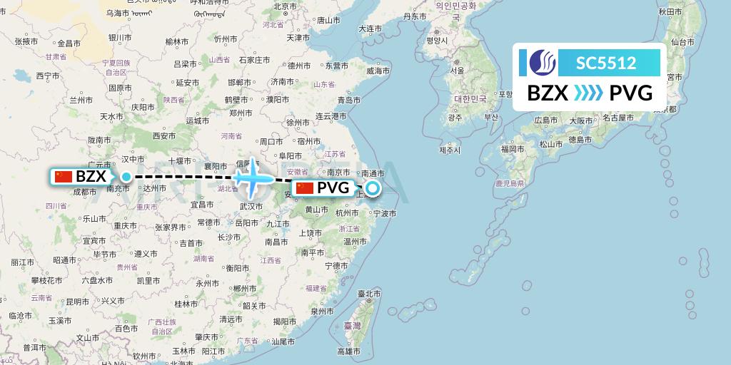 SC5512 Shandong Airlines Flight Map: Guangyuan to Shanghai