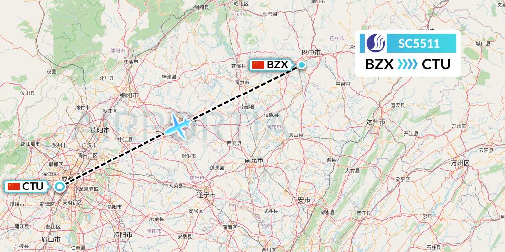 SC5511 Shandong Airlines Flight Map: Guangyuan to Chengdu