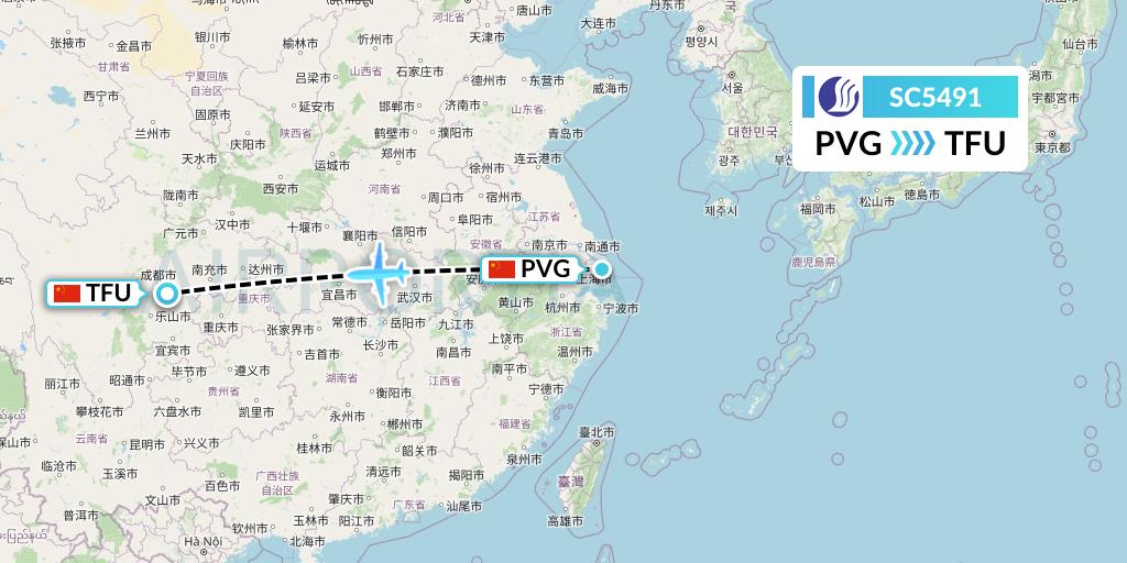 SC5491 Shandong Airlines Flight Map: Shanghai to Chengdu