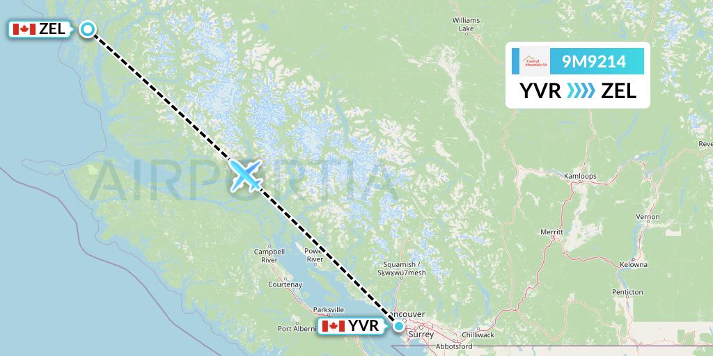 9M9214 Central Mountain Air Flight Map: Vancouver to Bella Bella