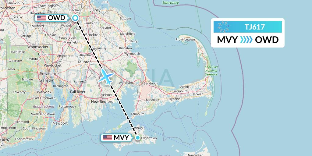 TJ617 Tradewind Aviation Flight Map: Martha's Vineyard to Norwood